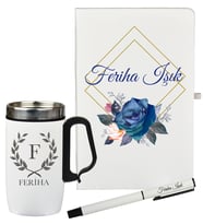 Anneye Hediye Kişiye Özel Çiçek Tasarımlı Hediye Defter Kalem Ve Termos Mug Seti