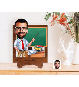 BK Gift Kişiye Özel Erkek Öğretmen Karikatürlü Ahşap Standlı 3D Biblo-1 (Beyaz)