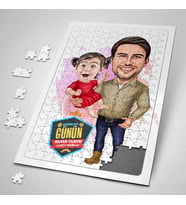 Yakışıklı Baba ve Kızı Karikatürlü Puzzle