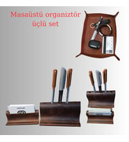 Frisco Deri Taba Renk El Yapımı Premium Masaüstü Organizatör Üçlü Set