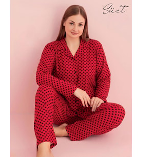 Pijamerry Kadın Büyük Beden Gömlek Yaka Süet Uzun Kol Pijama Takımı 5267- 1 Adet (Kırmızı)