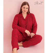 Pijamerry Kadın Büyük Beden Gömlek Yaka Süet Uzun Kol Pijama Takımı 5267- 1 Adet (Kırmızı)