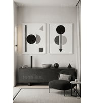 Minimal Geometrik Sanat 2'li Ahşap Çerçeveli Tablo Seti