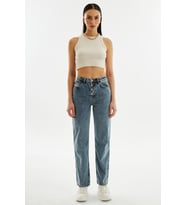 Explode - Kadın Önden Düğmeli Yüksek Bel Wideleg Jeans Açık Mavi
