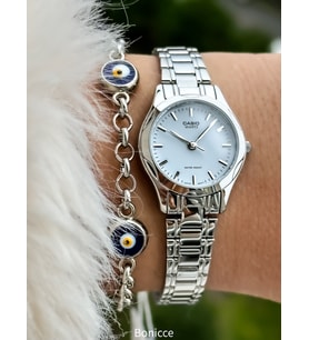 Casio Çelik Kordon, Gümüş Renk, Küçük Kasa,Kadın Kol Saati+Nazar Boncuklu Bileklik