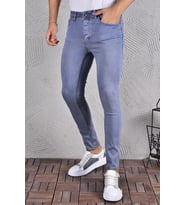 Erkek Jeans Skinny Fit Likralı Açık Mavi Dar Paça Tırnaklı Kot Pantolon