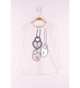 Toontoy Kız Çocuk Kalp Baskılı T-Shirt (Ekru)