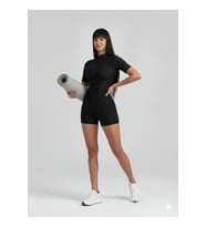Siyah Sculpt Line Kısa Kollu Spor Tayt Şort Tulum
