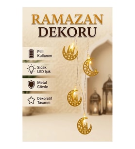 Gold Metal Gövdeli Minare Detaylı Hilal LED Ramazan Dekoratif Işık Pilli Aydınlatma