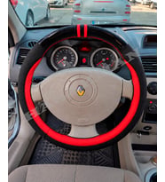 Renault Scenic 2 Dikme Direksiyon Kılıfı Parlak Siyah Kırmızı Detaylı Kırmızı Çift Yüzük ve Dikiş 2003-2009