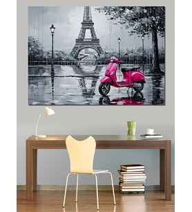 Kırmızı Scooter Paris Yağmur Dekoratif Kanvas - Mdf Ahşap Tablo