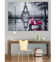 Kırmızı Scooter Paris Yağmur Dekoratif Kanvas - Mdf Ahşap Tablo