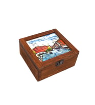 Van Gogh Tarzı Resimli Ahşap Retro Kutu 15cm x 15cm Genişlik 6cm Yükseklik (Kahverengi)