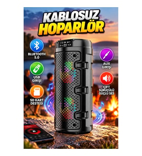 Bluetooth 5.0 Kablosuz Hoparlör – USB, SD Kart ve AUX Girişli Çift Sürücülü Taşınabilir Ses Sistemi