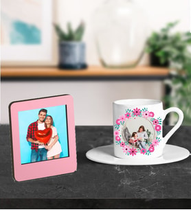 Kişiye Özel Çiçekli Çerçeveli Fotoğraf Tasarımlı Türk Kahve Fincanı Ve Resimli Pembe Çerçeve