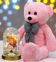 Sizlere Özel Premium Hediye Seti  Led Işıklı Fanus ve 80 cm Büyük Boy Pembe Peluş Ayıcık (Model 2)