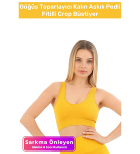 Özel Üretim Göğüs Toparlayıcı Sarkma Önleyen Spor Günlük Kalın Askılı Pedli Fitilli Crop Büstiyer (Sarı)