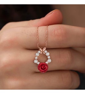 ??Gümüş Rose Kırmızı Gül Kolye