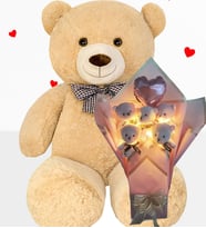 Büyük 90 cm Peluş Ayı ve LED Işıklı Pembe Balonlu Romantik Peluş Ayıcık Buketi – Sevgililer Günü Özel Gün Hediyesi (Bej)