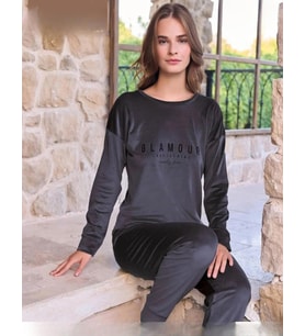 Pijamoni Kadın Kışlık Bisiklet Yaka Likralı Soft Kadife Pijama Takımı 4200/12 - 1 Adet (Antrasit)