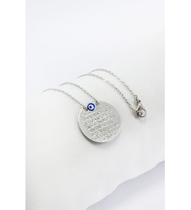Mineli Nazar Metal Ayetel Kürsi Dualı Lak Kaplama Bijuteri Kolye (Zincir 45 cm), Gümüş Renkli