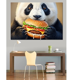 Hamburger Yiyen Sevimli Dev Panda Dekoratif Kanvas - Mdf Ahşap Tablo