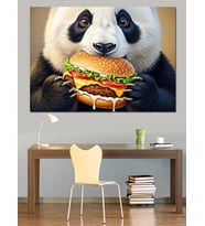 Hamburger Yiyen Sevimli Dev Panda Dekoratif Kanvas - Mdf Ahşap Tablo