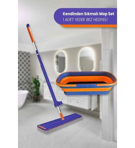 Tekerli, katlanabilir kendinden sıkmalı kovalı mop seti, yedek bez dahil