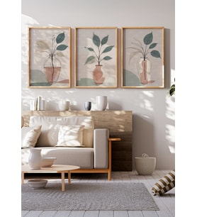 Minimalist Vazolu Bitki Desenli 3 Parçalı Ahşap Çerçeveli Tablo Seti