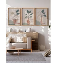 Minimalist Vazolu Bitki Desenli 3 Parçalı Ahşap Çerçeveli Tablo Seti