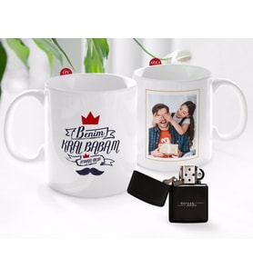 BK Gift Kişiye Özel Babalar Günü Hediyesi Fotoğraflı Kupa Bardak ve Benzinli Çakmak Seti-25 (Model 1)