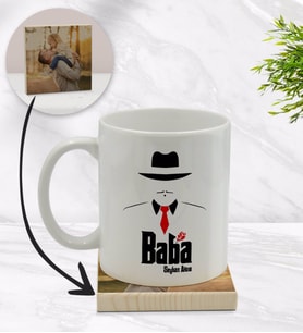 BK Gift Kişiye Özel Baba Godfather Tasarımlı Beyaz Kupa Bardak ve Ahşap Bardak Altlığı Hediye Seti - Model 17