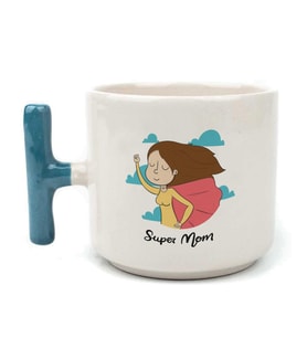 Süper Mom Pelerin Baskılı Mavi Kulplu T Kupa