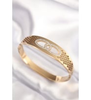 316L Çelik Gold Renk Zirkon Taşlı Kadın Kelepçe Bilezik (Karışık)