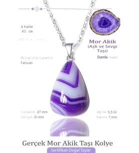 Sertifikalı Damla Model Gerçek Mor Akik Taşı Kolye