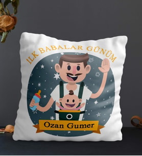 Kişiye Özel İlk Babalar Günüm Temalı Kare Yastık (Beyaz)