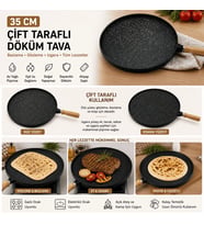35 Cm Döküm Gözleme Tavası Çift Taraflı Bazlama Izgara Tavası Ahşap Saplı Yapışmaz