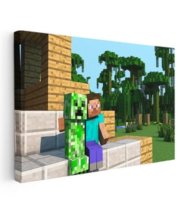 Yatay Kanvas Tablo Steve ve Creeper Dostluğu Minecraft Tablosu Ev Ofis Salon Duvar Dekoru