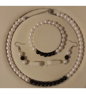 Siyah&Beyaz İnci Set, A Kalite Boncuk İnci Paslanmaz Çelik Kolye, Bileklik ve Küpe Takımı