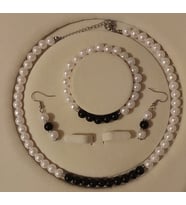 Siyah&Beyaz İnci Set, A Kalite Boncuk İnci Paslanmaz Çelik Kolye, Bileklik ve Küpe Takımı