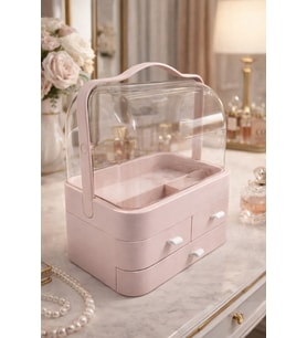 Şeffaf Pembe Makyaj Organizeri, 3 Çekmeceli, 35x26x17,5 cm, İki Kapaklı