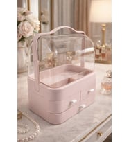 Şeffaf Pembe Makyaj Organizeri, 3 Çekmeceli, 35x26x17,5 cm, İki Kapaklı