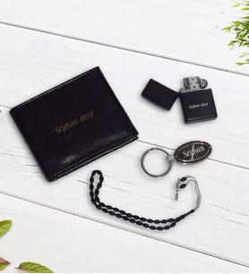 BK Gift Kişiye Özel Cüzdan&Çakmak&Tespih&Anahtarlık Hediye Seti (Siyah)