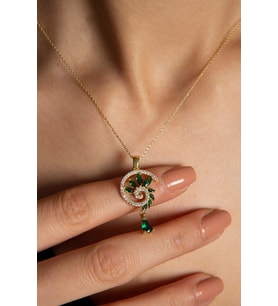 925 Ayar Gümüş Gold Kaplama Yeşim Renkli Spiral Snail Tasarım Kolye