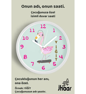 İsme Özel Kaykaylı Pembe Flamingo Çocuk Odası Duvar Saati Orta Boy 30 cm Beyaz Camlı Sessiz