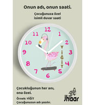 İsme Özel Kaykaylı Pembe Flamingo Çocuk Odası Duvar Saati Orta Boy 30 cm Beyaz Camlı Sessiz