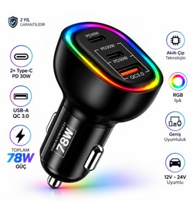 Schitec 78W 3 Portlu Araç Şarj Aleti Çift Type-C PD 30W + USB QC 3.0 Hızlı Şarj RGB Işıklı