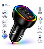 Schitec 78W 3 Portlu Araç Şarj Aleti Çift Type-C PD 30W + USB QC 3.0 Hızlı Şarj RGB Işıklı