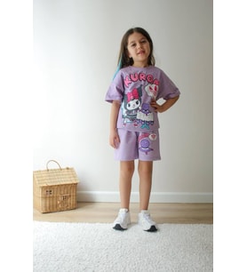 Cg Kids Kuromi Kız Çocuk Tshirt ve şort Alt Üst Takım Süper Kalite (Mor Cilt)