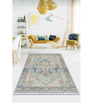 Mavi Vintage Dokuma Pamuk Tabanlı Kaymaz Kilim KLM351